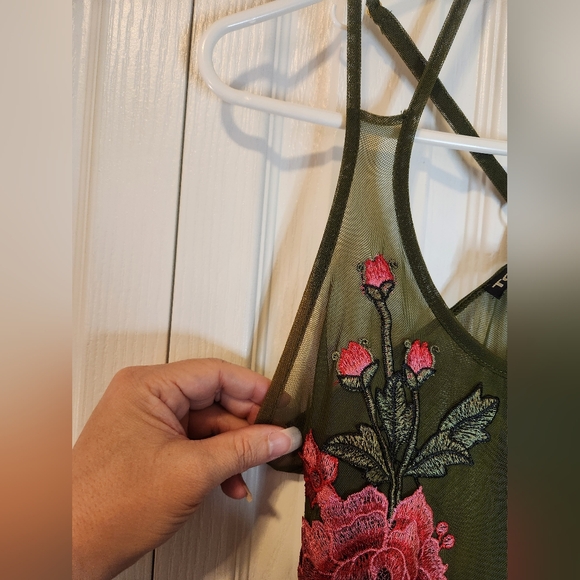 Top Chic Olive Green Sheer Mesh Floral Embroidered Bodysuit - One Size (M/L) - Picture 8 of 9